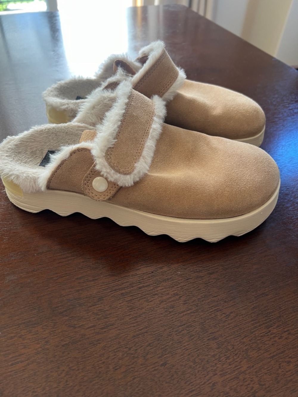 Sorel Tan Suede Shearling-Lined Slip-On Clogs